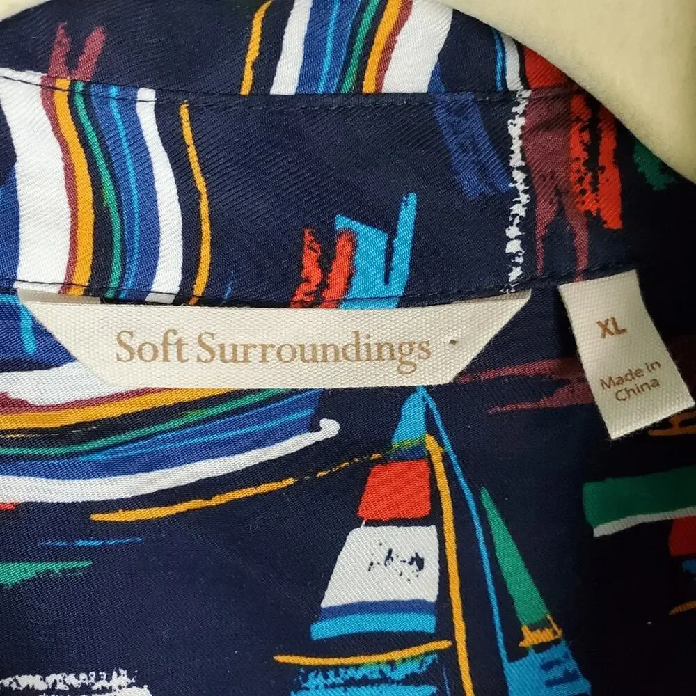 Soft Surroundings Nautical Colorful Sailboat Print Button Down Shirt Top Size XL